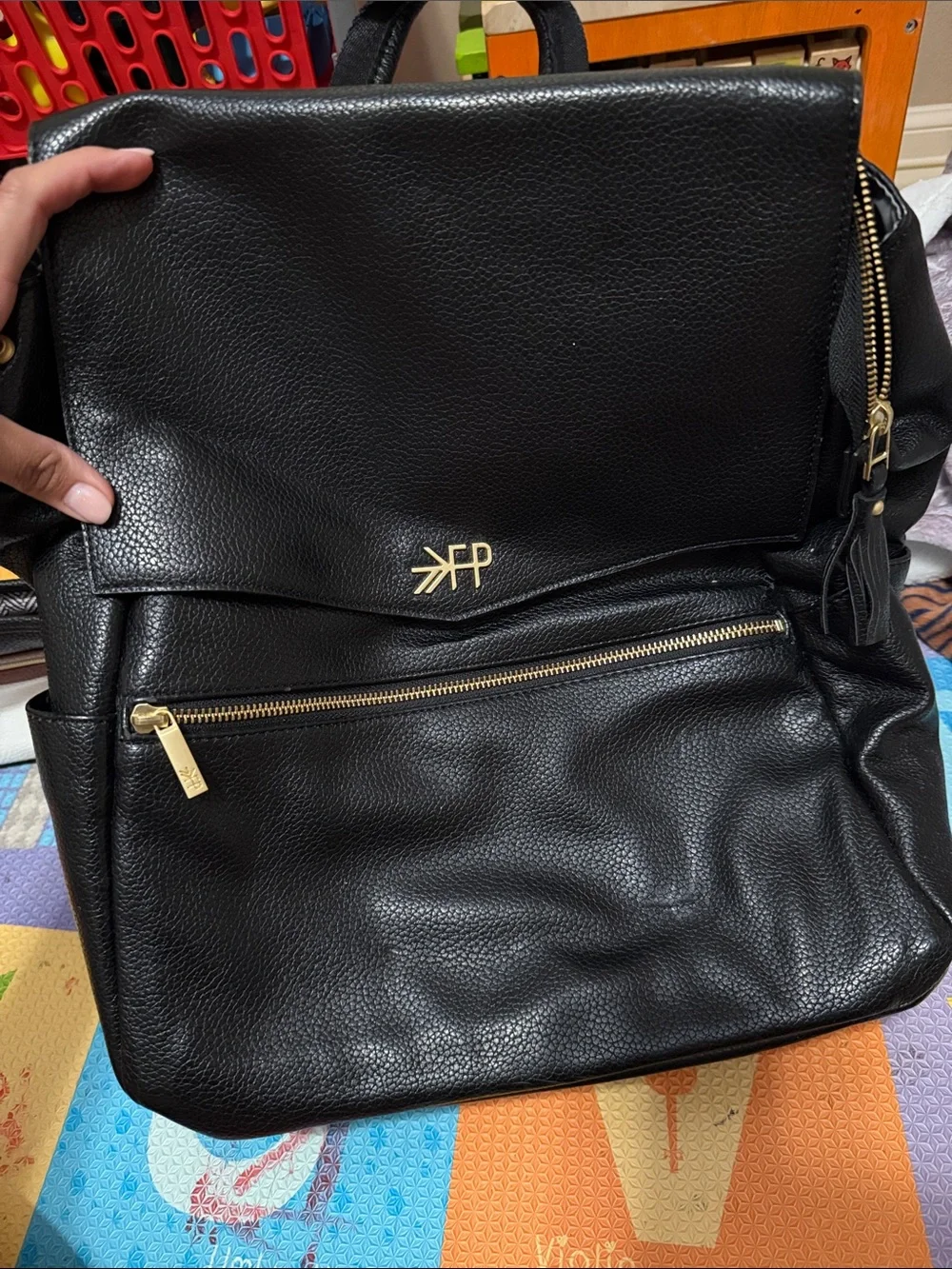 Freshly Picked Black Leather Diaper Backpack with Gold Accents